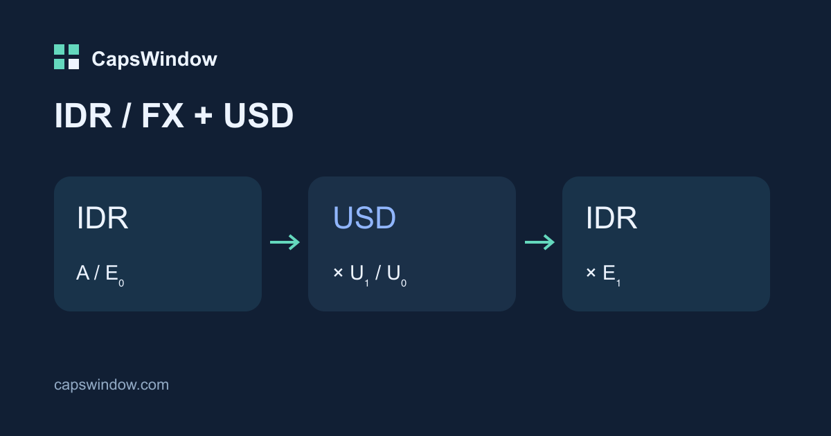 Tiga tahap: IDR ke USD, rasio indeks AS, lalu kembali ke mata uang lokal.